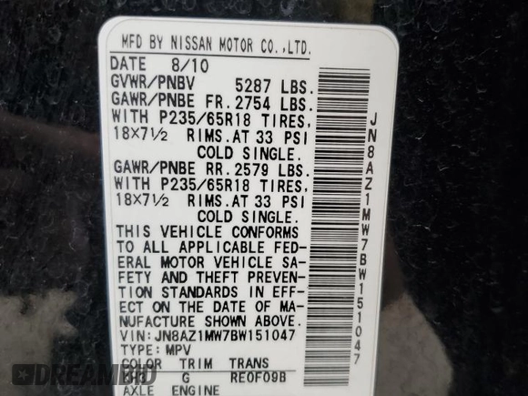 2011 Nissan Murano SL z VIN JN8AZ1MW7BW151047, wystawiony jako Copart lot #56645655 z przebiegiem 118 885 mil mil oraz Czysty tytuł • Clean title. Historia ofert i sprzedaży dostępna na DreamBid. Obrazek 13.