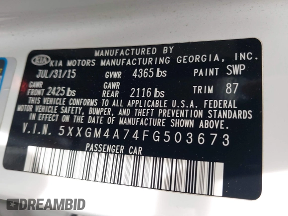 2015 Kia Optima LX with VIN 5XXGM4A74FG503673, listed as a IAAI auction lot 42367250 with 139,807 mi miles and . Bid and sale history available at DreamBid. Image 9.