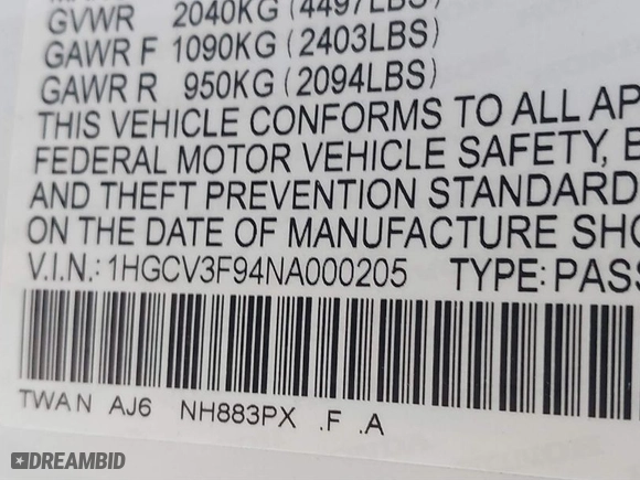 2022 Honda Accord Hybrid Touring with VIN 1HGCV3F94NA000205, listed as a IAAI auction lot 40924838 with 65,516 mi miles. Bid and sale history available at carsss.com. Image 9.