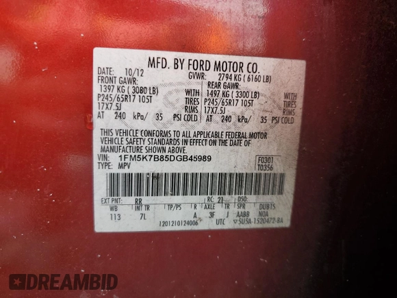 2013 Ford Explorer with VIN 1FM5K7B85DGB45989, listed as a Copart auction lot 56800695 with 187,689 mi miles and Salvage title. Bid and sale history available at DreamBid. Image 13.