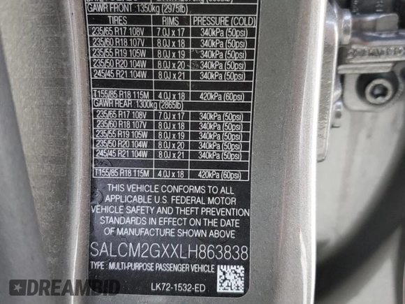 2020 Land Rover Discovery with VIN SALCM2GXXLH863838, listed as a Copart auction lot 63375942 with Not Provided miles and . Bid and sale history available at DreamBid. Image 10.