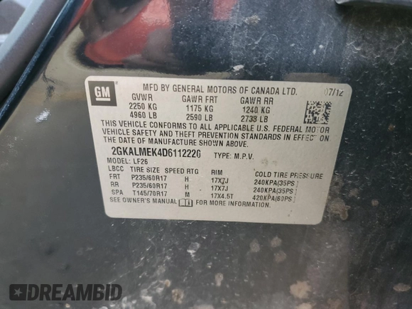 2013 GMC Terrain SLE with VIN 2GKALMEK4D6112220, listed as a Copart auction lot 46237445 with 116,096 mi miles and Non Repairable. Bid and sale history available at carsss.com. Image 12.