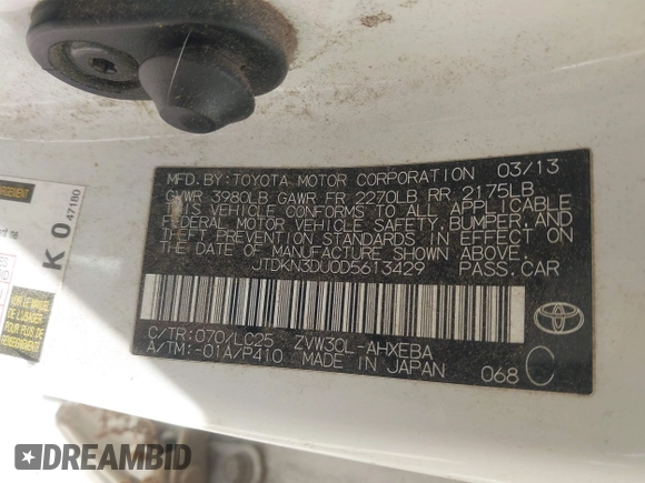 2013 Toyota Prius One z VIN JTDKN3DU0D5613429, wystawiony jako IAAI lot #42360759 z przebiegiem 254 105 mil mil oraz . Historia ofert i sprzedaży dostępna na DreamBid. Obrazek 9.
