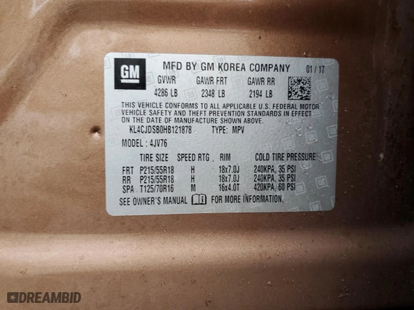 2017 Buick Encore Premium with VIN KL4CJDSB0HB121878, listed as a Copart auction lot 46696375 with 0 mi miles and Salvage Title. Bid and sale history available at carsss.com. Image 13.