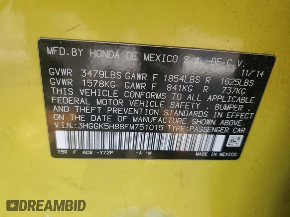 2015 Honda Fit EX-L with VIN 3HGGK5H88FM751015, listed as a Copart auction lot 41692465 with 175,644 mi miles and Salvage Title. Bid and sale history available at DreamBid. Image 12.