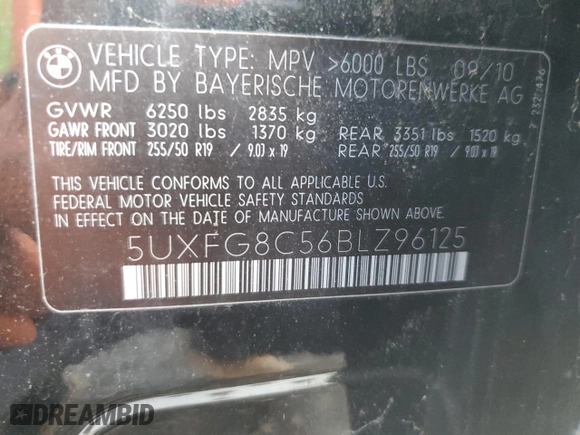 2011 BMW X6 50i with VIN 5UXFG8C56BLZ96125, listed as a Copart auction lot 45690425 with 69,732 mi miles and Salvage Title. Bid and sale history available at carsss.com. Image 12.
