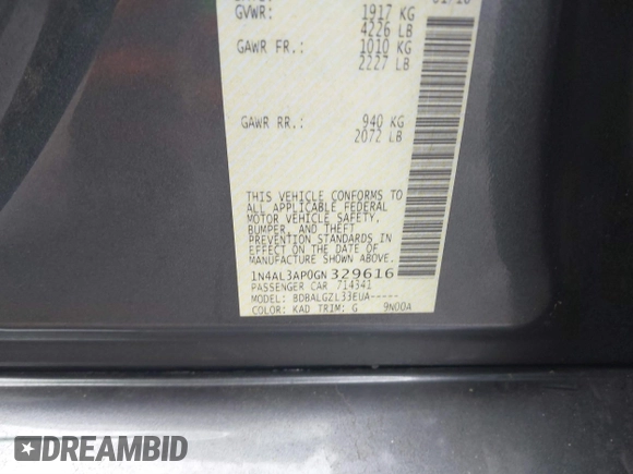 2016 Nissan Altima S with VIN 1N4AL3AP0GN329616, listed as a IAAI auction lot 41795725 with Not Provided miles and . Bid and sale history available at carsss.com. Image 9.