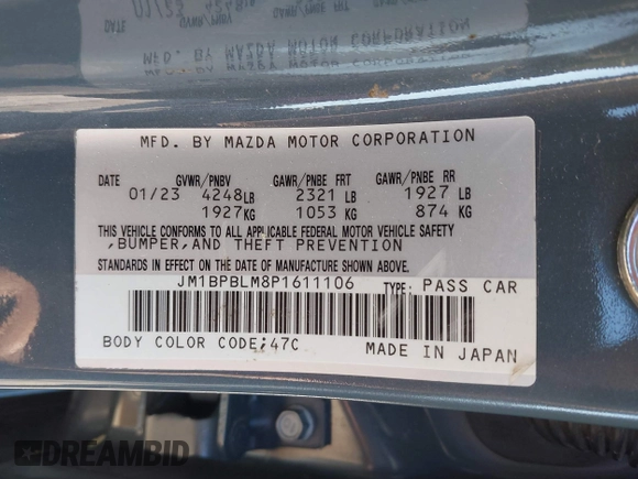 2023 Mazda 3 S Carbon Edition with VIN JM1BPBLM8P1611106, listed as a IAAI auction lot 42191902 with 37,244 mi miles and . Bid and sale history available at DreamBid. Image 9.