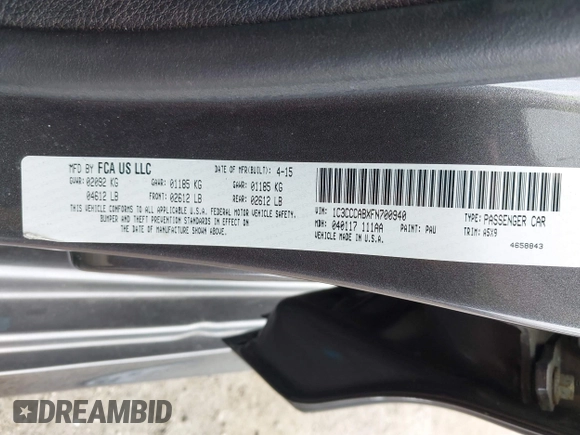 2015 Chrysler 200 Limited with VIN 1C3CCCABXFN700940, listed as a IAAI auction lot 42618405 with 139,141 mi miles and . Bid and sale history available at DreamBid. Image 9.