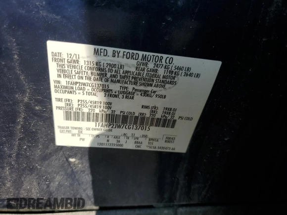 2012 Ford Taurus Limited with VIN 1FAHP2JW7CG137015, listed as a Copart auction lot 63490825 with 135,784 mi miles and Clean title. Bid and sale history available at DreamBid. Image 12.