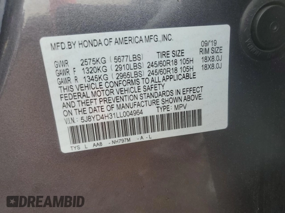 2020 Acura MDX with VIN 5J8YD4H31LL004964, listed as a Copart auction lot 59513815 with 149,690 mi miles and Salvage title. Bid and sale history available at DreamBid. Image 13.