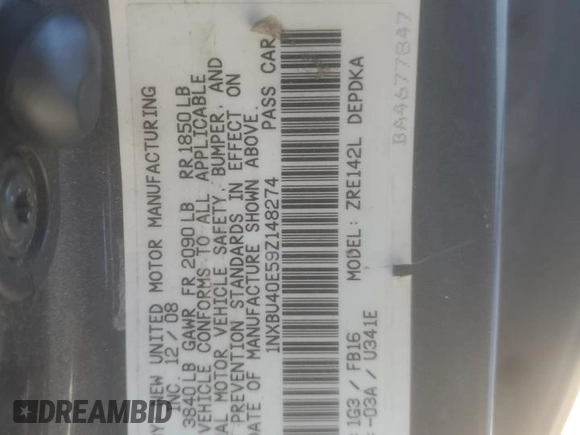 2009 Toyota Corolla with VIN 1NXBU40E59Z148274, listed as a Copart auction lot 89281865 with 176,092 mi miles and Salvage Title. Bid and sale history available at carsss.com. Image 15.