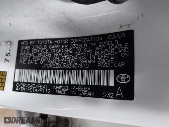 2008 Toyota Prius z VIN JTDKB20UX83407612, wystawiony jako IAAI lot #41141030 z przebiegiem 240 479 mil mil oraz . Historia ofert i sprzedaży dostępna na DreamBid. Obrazek 9.