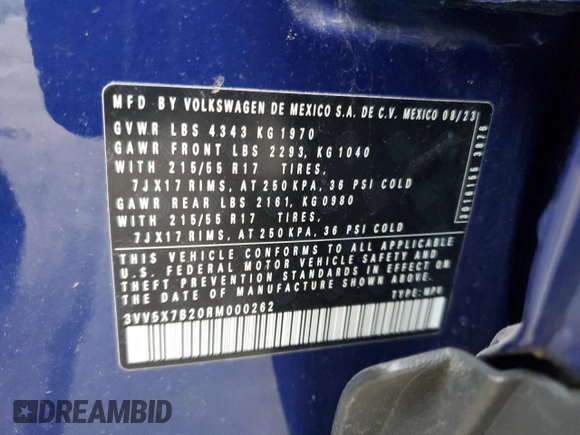 2024 Volkswagen Taos S с VIN 3VV5X7B20RM000262, выставлен на аукционе Copart как лот 52912995 с пробегом 40 116 миль миль и Списание • Salvage title. История ставок и продаж доступна на DreamBid. Изображение 13.