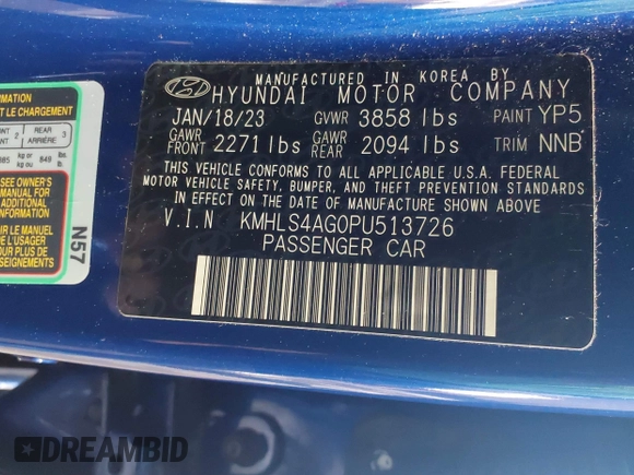 2023 Hyundai Elantra SEL with VIN KMHLS4AG0PU513726, listed as a IAAI auction lot 41644604 with Not Provided miles and . Bid and sale history available at DreamBid. Image 9.