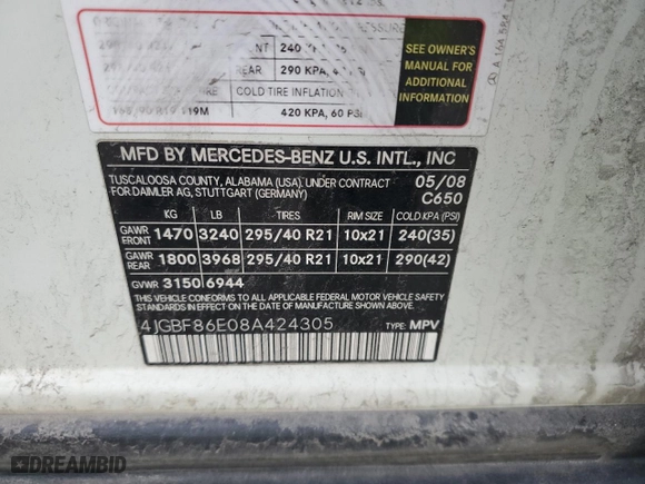 2008 Mercedes-Benz GL-Class 5.5L with VIN 4JGBF86E08A424305, listed as a Copart auction lot 84142524 with 203,885 mi miles and Salvage Title. Bid and sale history available at carsss.com. Image 13.