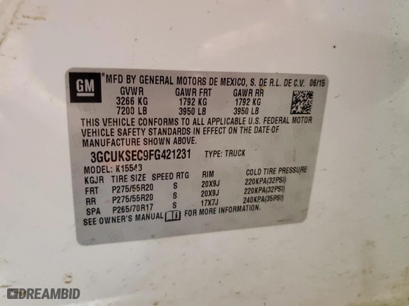 2015 Chevrolet Silverado 1500 LTZ with VIN 3GCUKSEC9FG421231, listed as a Copart auction lot 46024175 with 208,552 mi miles and Salvage Title. Bid and sale history available at carsss.com. Image 12.