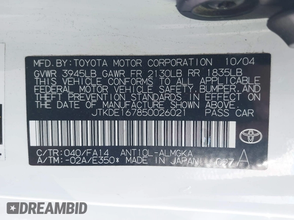 2005 Scion tC with VIN JTKDE167850026021, listed as a IAAI auction lot 41709118 with 130,895 mi miles. Bid and sale history available at carsss.com. Image 9.