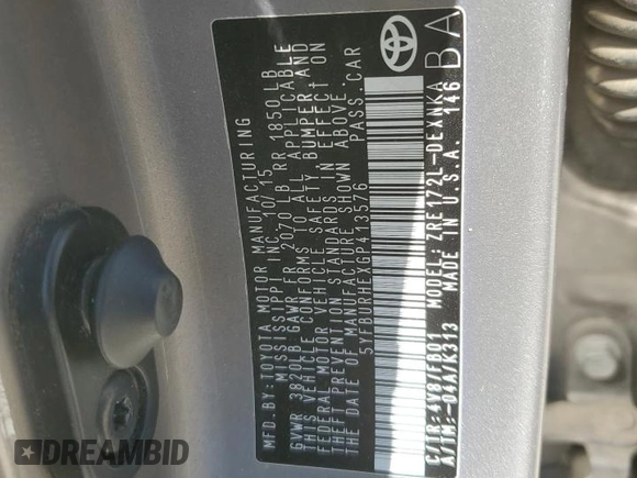 2016 Toyota Corolla L with VIN 5YFBURHEXGP413576, listed as a Copart auction lot 49010585 with 155,789 mi miles and Salvage title. Bid and sale history available at DreamBid. Image 12.