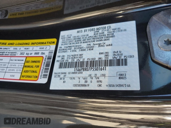 2023 Ford Mustang Mach 1 with VIN 1FA6P8R07P5501641, listed as a Copart auction lot 85503074 with 15,331 mi miles and Salvage title. Bid and sale history available at DreamBid. Image 12.