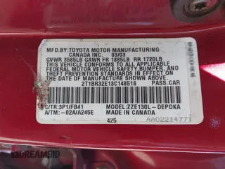 2003 Toyota Corolla CE with VIN 2T1BR32E13C148516, listed as a IAAI auction lot 42130324 with 210,596 mi miles and . Bid and sale history available at DreamBid. Image 9.