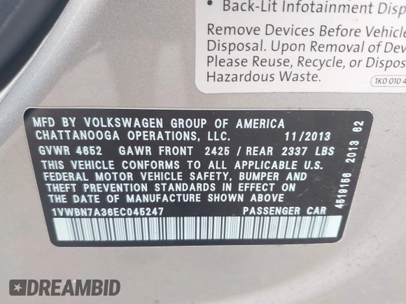 2014 Volkswagen Passat SE z VIN 1VWBN7A36EC045247, wystawiony jako IAAI lot #42295047 z przebiegiem 118 431 mil mil oraz . Historia ofert i sprzedaży dostępna na DreamBid. Obrazek 9.