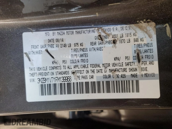 2015 Mazda 3 i Touring with VIN 3MZBM1V71FM139968, listed as a Copart auction lot 87299184 with Not provided miles and Salvage title. Bid and sale history available at DreamBid. Image 14.