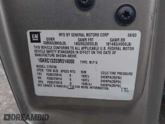 2003 GMC Yukon SLT z VIN 1GKEC13Z03R314068, wystawiony jako IAAI lot #42132464 z przebiegiem 214 826 mil mil oraz . Historia ofert i sprzedaży dostępna na DreamBid. Obrazek 9.