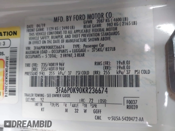 2019 Ford Fusion Titanium with VIN 3FA6P0K90KR236674, listed as a IAAI auction lot 42008633 with 99,737 mi miles and . Bid and sale history available at DreamBid. Image 9.
