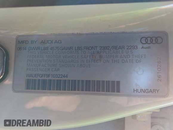 2015 Audi A3 2.0T Premium Plus with VIN WAUEFGFF9F1032244, listed as a IAAI auction lot 42099626 with 105,295 mi miles. Bid and sale history available at carsss.com. Image 9.