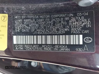 2004 Lexus ES 330 with VIN JTHBA30G345032839, listed as a IAAI auction lot 41976305 with 82,848 mi miles. Bid and sale history available at carsss.com. Image 9.