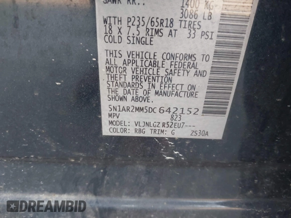 2013 Nissan Pathfinder SL with VIN 5N1AR2MM5DC642152, listed as a IAAI auction lot 41780601 with 153,975 mi miles and . Bid and sale history available at DreamBid. Image 9.