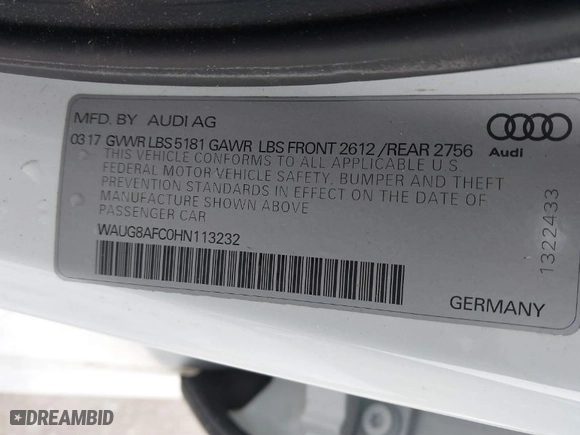 2017 Audi A6 Premium Plus with VIN WAUG8AFC0HN113232, listed as a IAAI auction lot 41654516 with NaN miles. Bid and sale history available at carsss.com. Image 9.