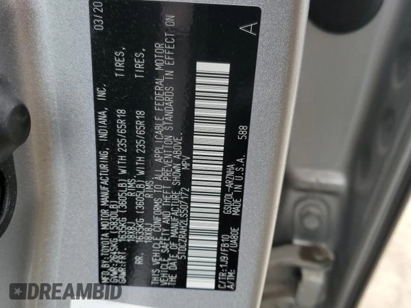 2020 Toyota Highlander L with VIN 5TDCZRAH2LS507172, listed as a Copart auction lot 51814455 with 46,827 mi miles and Salvage title. Bid and sale history available at DreamBid. Image 13.