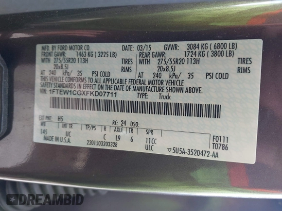 2015 Ford F-150 XL with VIN 1FTEW1CGXFKD07711, listed as a IAAI auction lot 42371362 with 128,186 mi miles and . Bid and sale history available at DreamBid. Image 9.