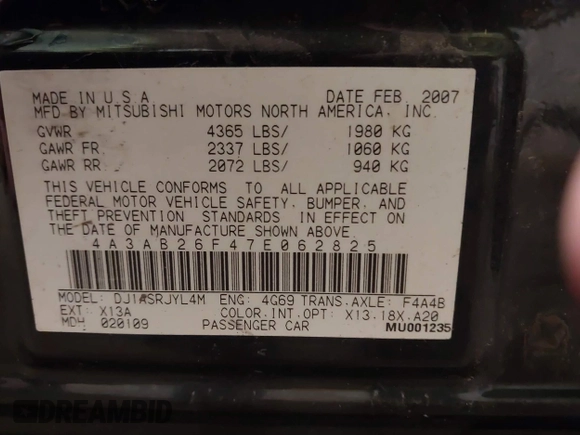 2007 Mitsubishi Galant DE z VIN 4A3AB26F47E062825, wystawiony jako IAAI lot #41795897 z przebiegiem 273 498 mil mil oraz . Historia ofert i sprzedaży dostępna na DreamBid. Obrazek 9.