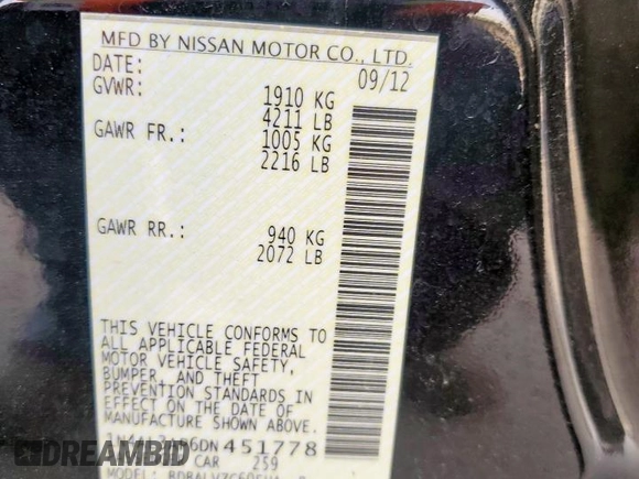 2013 Nissan Altima SL with VIN 1N4AL3AP6DN451778, listed as a Copart auction lot 57032615 with 266,713 mi miles and Salvage title. Bid and sale history available at DreamBid. Image 13.