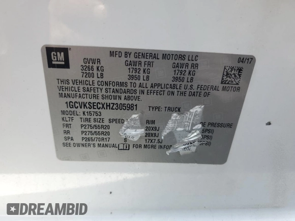2017 Chevrolet Silverado 1500 LTZ with VIN 1GCVKSECXHZ305981, listed as a Copart auction lot 51273425 with 77,465 mi miles and Salvage Title. Bid and sale history available at DreamBid. Image 12.