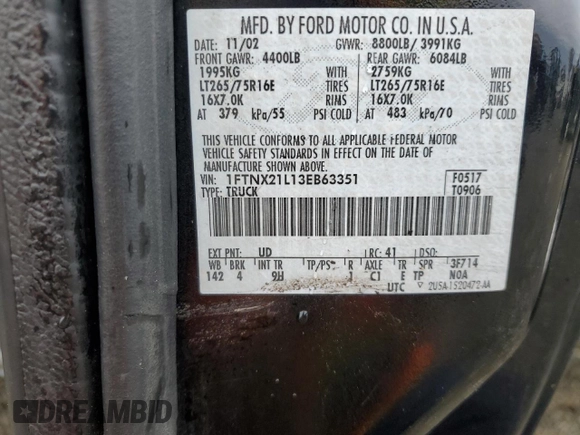 2003 Ford Super Duty F-250 XL with VIN 1FTNX21L13EB63351, listed as a Copart auction lot 85092674 with 265,515 mi miles and Salvage Title. Bid and sale history available at carsss.com. Image 12.