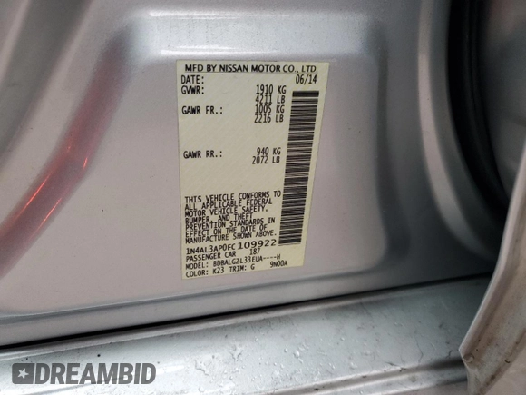 2015 Nissan Altima SV z VIN 1N4AL3AP0FC109922, wystawiony jako Copart lot #42495364 z przebiegiem 63 405 mil mil oraz Szkoda całkowita • Salvage title. Historia ofert i sprzedaży dostępna na DreamBid. Obrazek 12.