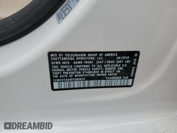 2015 Volkswagen Passat SEL Premium z VIN 1VWCV7A34FC093870, wystawiony jako Copart lot #45587835 z przebiegiem Nie podano mil oraz Szkoda całkowita • Salvage title. Historia ofert i sprzedaży dostępna na DreamBid. Obrazek 14.