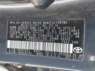 2016 Toyota Corolla L with VIN 5YFBURHE6GP521922, listed as a IAAI auction lot 42724413 with 170,351 mi miles and . Bid and sale history available at DreamBid. Image 9.