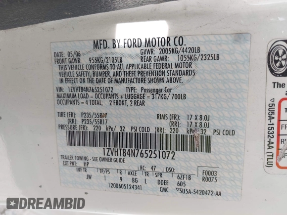 2006 Ford Mustang Standard с VIN 1ZVHT84N765251072, выставлен на аукционе IAAI как лот 42291994 с пробегом 283 553 миль миль и . История ставок и продаж доступна на DreamBid. Изображение 9.