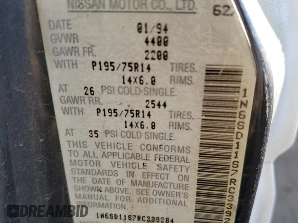 1994 Nissan Frontier with VIN 1N6SD11S7RC339284, listed as a Copart auction lot 84567694 with 153,851 mi miles and Clean title. Bid and sale history available at DreamBid. Image 12.