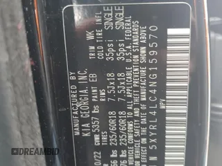 2022 Kia Sorento S z VIN 5XYRL4LC4NG159570, wystawiony jako Copart lot #53668075 z przebiegiem 120 708 mil mil oraz Szkoda całkowita • Salvage title. Historia ofert i sprzedaży dostępna na DreamBid. Obrazek 13.