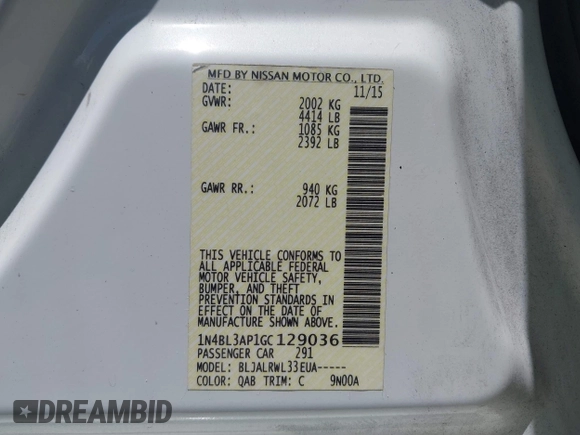 2016 Nissan Altima SL with VIN 1N4BL3AP1GC129036, listed as a IAAI auction lot 42274026 with 125,865 mi miles and . Bid and sale history available at DreamBid. Image 9.