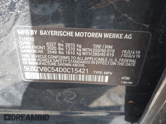 2013 BMW X5 xDrive50i z VIN 5UXZV8C54D0C15421, wystawiony jako IAAI lot #42298535 z przebiegiem 118 890 mil mil oraz . Historia ofert i sprzedaży dostępna na DreamBid. Obrazek 9.