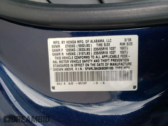 2006 Honda Odyssey EX with VIN 5FNRL38436B089189, listed as a Copart auction lot 57311505 with 165,325 mi miles and Salvage title. Bid and sale history available at DreamBid. Image 12.