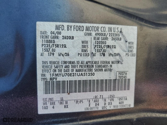 2001 Ford Explorer Sport with VIN 1FMYU70E31UA51350, listed as a Copart auction lot 69885914 with 166,796 mi miles and Salvage Title. Bid and sale history available at carsss.com. Image 14.