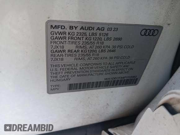 2023 Audi Q3 S line Premium with VIN WA1DECF34P1112062, listed as a IAAI auction lot 42806719 with 49,926 mi miles and . Bid and sale history available at DreamBid. Image 9.